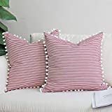 JOJUSIS Farmhouse Ticking Stripe Throw Pillow Covers with Pom-poms Red and White Outdoor Decorative Couch Pillowcases Cushion Covers Set of 2 18 x 18 Inch