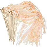 100 Pieces Wedding Wands Ribbon Wands Wedding Streamers with Triple Ribbon and Bells, Wedding Send Off Favors Long Wedding Silk Fairy Stick Wand for Wedding Party Celebration, Champagne