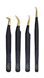 HADIZ Set of 4 Diamond Grip Eyelash Extensions Tweezers Japanese Stainless Steel Lash Tweezer (Black)