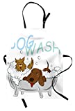 Lunarable Cartoon Apron, Playful Dogs in a Bathtub Grooming Each Other Pets Theme Illustration, Unisex Kitchen Bib with Adjustable Neck for Cooking Gardening, Adult Size, White Brown