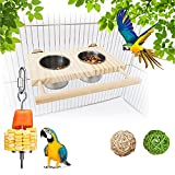 Calymmny Bird Feeding Dish Cups with Wooden Platform, Hanging Stainless Steel Parrot Cage Feeder Water Bowl with Hanging Food Holder Chewing Balls for Parakeet Cockatiels Lovebirds Budgie Pigeons