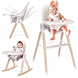 Tiny Dreny Wooden High Chair for Babies and Toddlers, 4-in-1 Grow with Family Convertible Baby High Chair, Toddler and Booster Seat, Rocking Chair, Reclining Seat, Removable Cushion and Double Tray