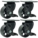 FactorDuty 4 All Black Metal Swivel Plate Caster Wheels w/Brake Lock Heavy Duty High-Gauge Steel (3" with Brake)