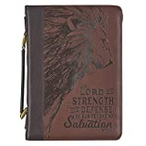 Christian Art Gifts Men's Classic Bible Cover The Lord is My Strength Lion Exodus 15:2, Brown Faux Leather, Large