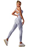 Lrady Women's Workout Outfit 2 Pieces Tracksuit-Seamless Yoga Leggings and Stretch Sports Bra Gym Clothes Set, Light Gray, Medium