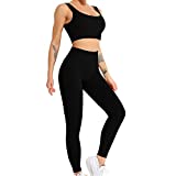 TUMILKETS Women's Sports Suit Ribbed Vest High Waist Trousers Seamless Yoga Suits Workout Top & Bottom Sets 2-Piece (Black,Medium)