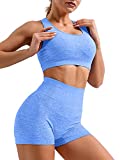 HYZ Women's Sleeveles 2 Piece Outfits High Waist Workout Shorts Yoga Sports Racerback Bra Sets Blue