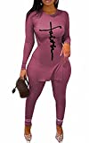 Two Piece Outfits for Women Clubwear - Long Sleeve Letter Printed Casual T Shirt Tops and Bodycon Skinny Long Pants Track Suits Sets conjuntos de 2 piezas para Mujer Lounge Sets Purple, XL