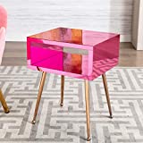 SSLine Mirrored End Table Modern Elegant Bedside Nightstand Acrylic Mirror Finish Sofa Chair-Side Accent Table with Open Storage Shelf & Rose Gold Steel Legs (Peach)