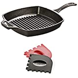 Lodge L8SGP3 Pre-Seasoned Cast-Iron Square Grill Pan and Grill Pan Scraper Bundle