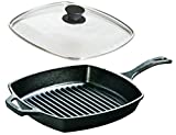 Lodge Seasoned Cast Iron Cookware Set - Square Grill Pan with Square Tempered Glass Lid (10.5 Inch)