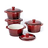 UNICASA Mini Cocotte Ramekins with Lid 8oz - Round Covered Casserole Baking Dishes for French Onion Soup, Sauces, Ceramic Cookware Oven Safe - Mini Pots for Cooking Set of 4 (Red)