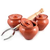 Stoneware Ramekins with Lids Set of 3 & 1 Oven Fork - 16.9 fl oz (500 ml) - Clay Pots for Cooking