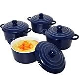 COYMOS Mini Cocotte 12oz Casserole Dish with Lid Ceramic Baking Dishes for Oven Safe Ramekins with Lids, Perfect Thanksgiving Christmas Tableware Set of 4, Blue