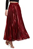 CHARTOU Women's Premium Metallic Shiny Shimmer Accordion Pleated Long Maxi Skirt (Medium, Red)