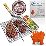 Qualitech Grill Basket 430 Stainless Steel Non Stick Folding BBQ Barbecue Portable Grill Grilling Basket with Removable Handle and Gloves for Shrimp Fish Steak Chicken Wings Meat Vegetables Veggies