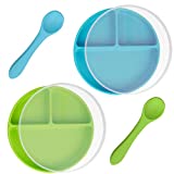 Suction Baby Plates with Lids - 100% Food Grade Silicone Divided Toddler Plates with Spoons - Self-Feeding Set- Dishwasher & Microwave Safe