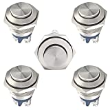 Starelo 5pcs 16mm Momentary Push Button Switch Sliver Shell, IP65 Waterproof Push Button Switch,Stainless Steel 1 Normally Open Without LED.