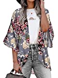 Women's Chiffon Floral Kimono Cover Ups Tops Beach Plus Size Boho Lightweight Summer Cardigans Thin Sheer 3/4 Sleeve Shirts 3X-Large Deep Gray