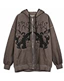 Womens Face Portrait Print Hoodie Long Sleeve Zipper Loose Cardigan Sweatshirt with Pocket 90s E-Girl Streetwear D-brown