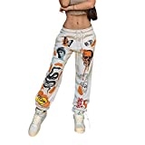 aporake Women's Printed Jogger Pants Elastic Waist Fashion Graphic Hiphop Streetwear Loose Sweatpants with Pockets Trousers (Beige, Large)