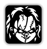 A&B Traders' Chucky Doll Car Decal - Horror Movie Decor Decals for Cars, Halloween Scary Face Car Bumper Sticker, 6" Tall Scary Doll Face Stickers Trucka, Vans, Laptops, Macbooks - White