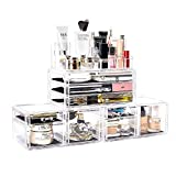 DreamGenius Makeup Organizer 4 Pieces Acrylic Makeup Storage Organizer Box with 9 Drawers for Lipstick Jewerly and Makeup Brushes, Stackable Cosmetic Display Cases for Dresser and Bathroom Countertop