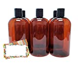 ljdeals 16 oz Amber PET Plastic Refillable Bottles with Black Disc Top Caps, Pack of 6, BPA Free, Made in USA, Bonus 6 waterproof Labels