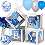 Baby Shower Decorations for Boy, Silver Transparent Boxes Includes 45Pcs Baby Blue Silver Grey Balloons for 1st Birthday Party, Elephant Baby Shower Boy, Pregnancy Announcements Party DecorationS
