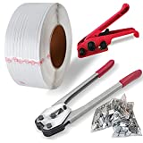 Packaging Strapping Banding Kit - Tensioning Tool Sealer Tool Set with Manual Tensioner, Sealer, Heavy Duty PP Plastic Strapping Kit 3290 feet(1000M) Length, 500 Metal Seals