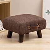 Foot Stool with Handle, Brown Footstool Elegant Small Foot Stool Rest with Wooden Legs, 9''H, Rectangle Fabric Foot Stools for Adults with Waterfall Edge, Ottoman for Living Room, Desk, Bedroom, Couch