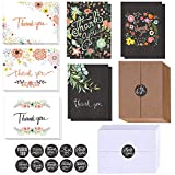 150 Sets Bulk Blank Thank You Cards with Envelopes Stickers Assortment 6 Design of Floral Watercolor Calligraphy Thank You Greeting Cards Note Cards for Wedding Bridal Baby Shower Thanksgiving Party