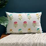 ÂME Floral Decorative Throw Pillow Cover, Embroidered White Cotton Case with Blue Fringe Edging for Sofa, Couch, Bedroom, Living Room from Eclectic Folk Voyageur Bella Vida Collection (14x22) 1 PC