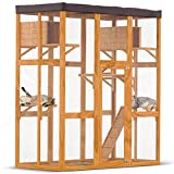 CATLAND Cat Outdoor Enclosure - Large Cat Cage with Removable PVC Sun Shade Cloth Roof - Wood and Wire Mesh - Play Area, Mini Hiding Houses and Ramp