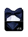 YOHOWA Men's Navy Blue Bow Tie Silk Plaid Self Tie Bowties with Handkerchief Cufflinks Formal Business