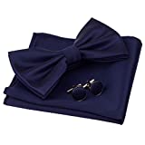 GUSLESON Mens Navy Blue Wedding Bow Tie Set Pre-tied Bowtie and Pocket Square Cufflink (0570-06)