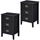 VECELO Nightstands Set of 2 End/Side Tables for Bedroom/Living Room/Bedside with Three Storage Drawer, Vintage Accent Furniture Small Space, Solid Wood Legs, Black