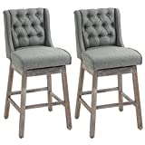 HOMCOM Set of 2 Barstools, 180 Degree Swivel Kitchen Island Stool Dining Room Chairs with Solid Wood Footrests and Button Tufted Design, Grey