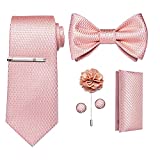 DiBanGu Silk Rose Gold Tie and Lapel Pin Bowtie Set for Men Wedding Woven Solid Pink Necktie with Tie Clip Pocket Square Cufflinks Formal