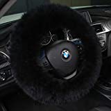 Andalus Australian Sheepskin Long Wool Steering Wheel Cover for Women & Men - Universal 15 Inch Steering Wheels & Accessories - Eco-friendly Wheel Cover for Car - Car Accessories (Black)