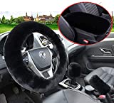 Pinbola 4pcs/Set Faux Wool Steering Wheel Cover Soft Fluffy Handbrake Cover & Gear Shift Cover Winter Warm Universal Fit for 15 Inch (Black)