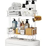 Over-The-Toilet Storage, 2-Tier Space Saver Organizer Rack, Stable Freestanding Anti-Tilt Shelf with 2 Hooks, No Drilling Space Saver with Wall Mounting Design…White