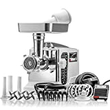 STX Turboforce II "Platinum" w/Foot Pedal Heavy Duty Electric Meat Grinder & Sausage Stuffer: 6 Grinding Plates, 3 S/S Blades, 3 Sausage Tubes, Kubbe, 2 Meat Claws, Burger-Slider Patty Maker - White