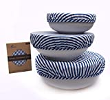 Organic Reusable Bowl Covers  Elastic Bowl Cover Set of 3 Lids Sizes - Blue Stripes 100% Cotton - Great Gift Fabric Food Covers - Kitchen Essential Gift for Women - Stretched Food Covers