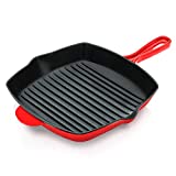 NutriChef Nonstick Cast Iron Grill Pan - 11-Inch Kitchen Square Cast Iron Skillet Grilling Pan, Enameled Cast Iron Skillet Steak Pan w/ Side Drip Spout For Electric Stovetop, Induction, Gas -