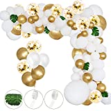 RUBFAC 145pcs White Balloon Arch Garland Kit, White and Gold Latex Balloons Kit for Shower, Wedding, Birthday, Anniversary, Engagements Party DIY with Artificial Palm Leaves
