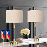 Qimh Modern Touch Control Table Lamps Set of 2, 3-Way Dimmable Bedside Lamps with 2 USB Ports, Nightstand Lamp with Beige Drum Linen Shades and Gold and Matte Black Finish for Bedroom Living Room
