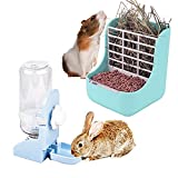 HERCOCCI Rabbit Hay Food Feeders Rack, Guinea Pig Water Bottle No Drip, 2-in-1 Small Pet Rabbit Water Food Feeding Set with Hay Food Feeder Bowls Hanging Water Dispenser for Bunny Chinchilla Syrian