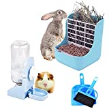 Calymmny Rabbit Hay Food Feeder, Bunny Water Bottle No Drip, 2-in-1 Small Pet Rabbit Water Food Feeder Kit with Grass Food Feeder Bowls and Hanging Water Dispenser for Guinea Pig Bunny Chinchilla