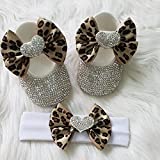 Bling Bling Babies Handmade Personalized Rhinestone Baby Girl Newborn First Walking Cute Shoes and Headband (4-8 M, Leopard)